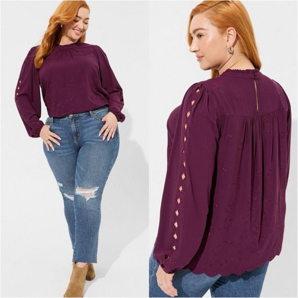 TORRID Challis Embroidered Cut Out Long Sleeve Blouse